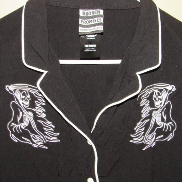Broken Promises Grim Reaper Embroidered Button Front Shirt sz M Goth Scary - Picture 2 of 5